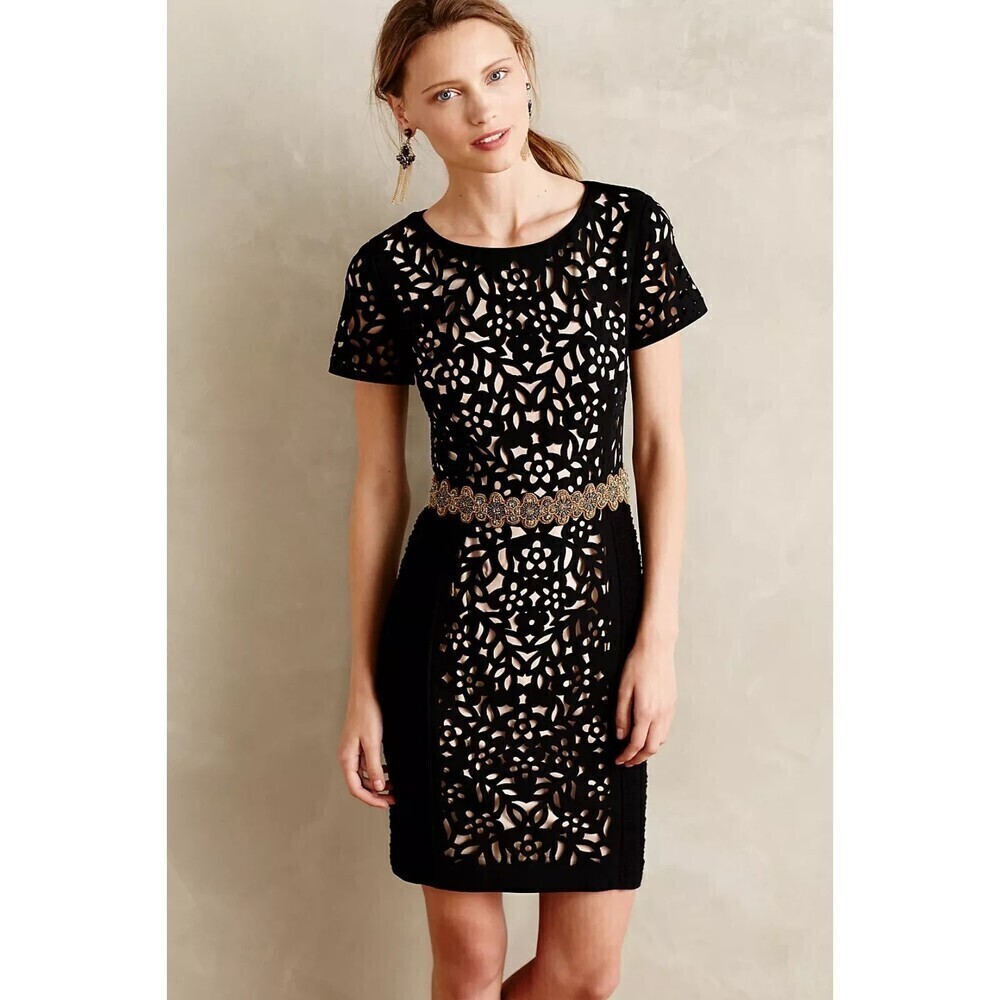 ANTHROPOLOGIE Maeve Black Nude Floral Lasercut Basalt Sheath Dress Office Size 2 - Picture 2 of 13